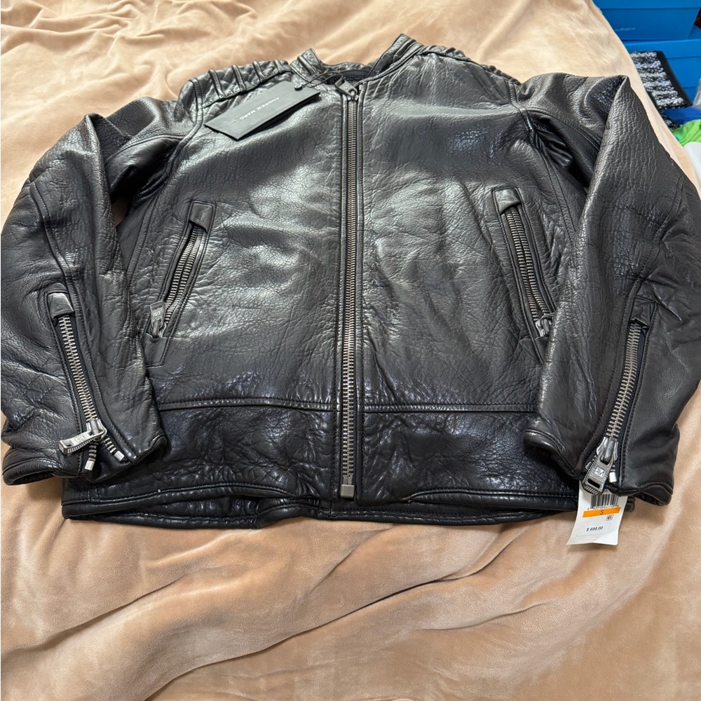 Andrew Marc Boarder Black Leather Jacket with Quilted Shoulders Small NWT